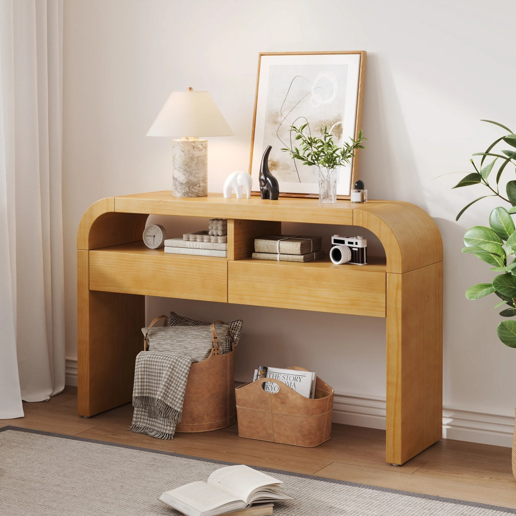 Consolle con 2 cassetti e vani aperti, piedi regolabili, per ingresso e soggiorno, in MDF, naturale 120 × 35.5 × 76.5 cm