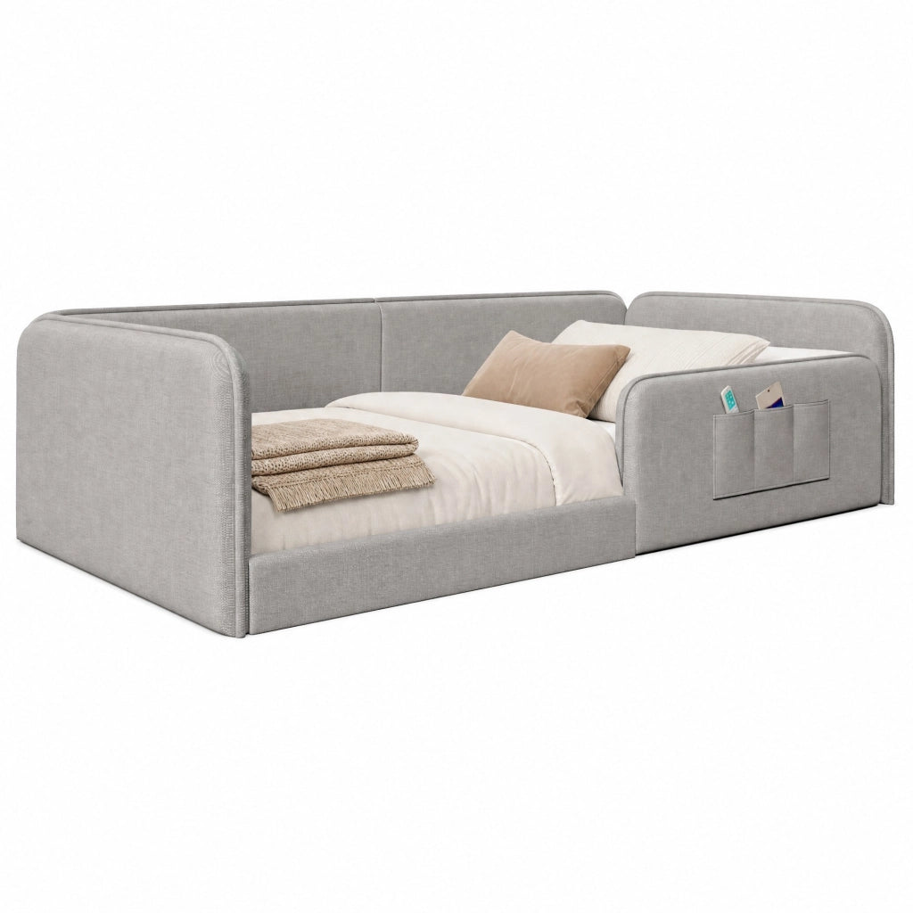Letto Singolo 90x200 cm con Tasche laterali e Protezione perimetrale; in Lino; Grigio