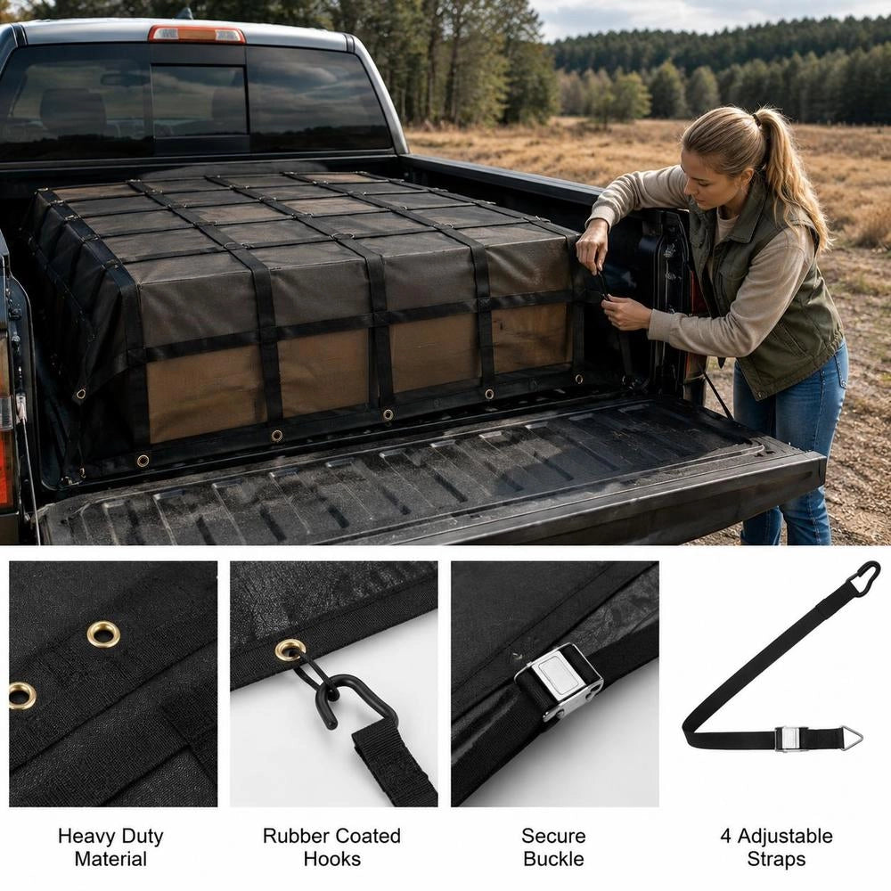 Cargo Net, 183 X 145 Cm, Truck Cargo Net For The Loading Area, 4 Adjustable Straps With Carabiners And Rubber-coated Hooks, Durable, Suitable For Pickup Trucks, Jeeps, Trucks, SUVs, Boats (black)