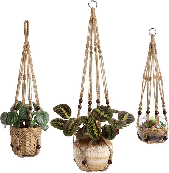 Set di 3 pendenti per piante in macramé - Contenitore per piante da interni - Sostegno per piante appeso - Corda di juta con perle - Senza spilloni - 58 cm/73 cm/89 cm