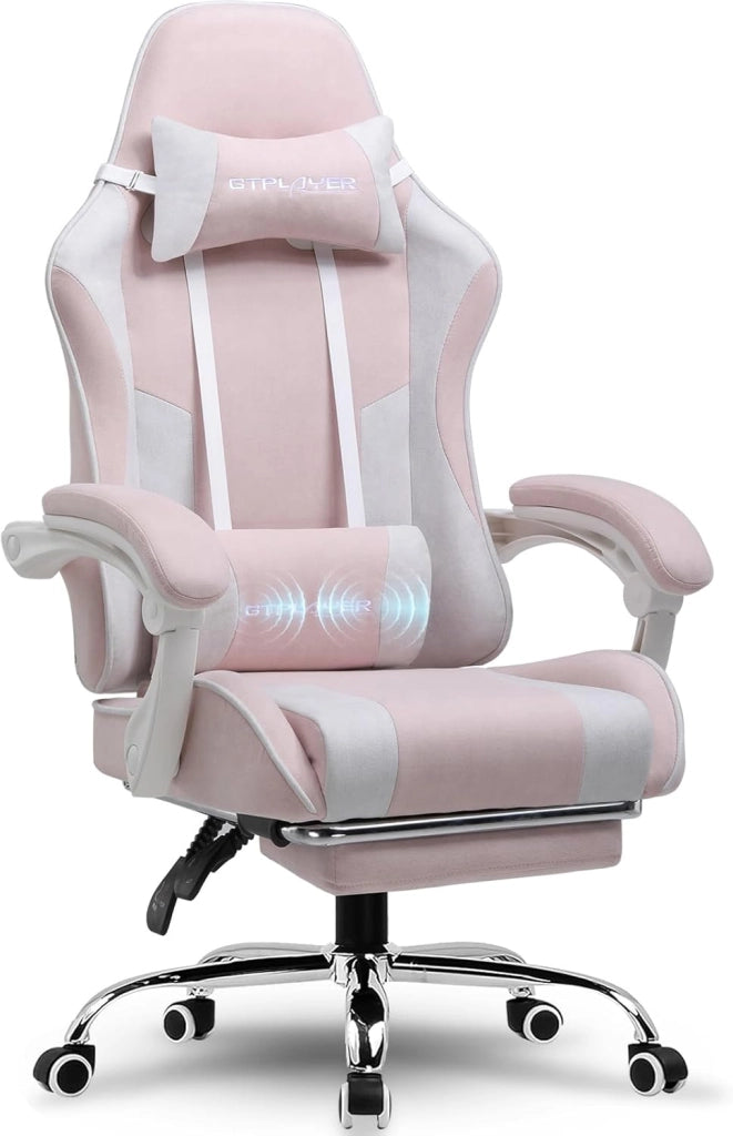 Sedia da gioco, sedia da ufficio, sedia ergonomica, sedia da gioco, con supporto per massaggi, sedie task con poggiapiedi e poggiatesta, tessuto rosa