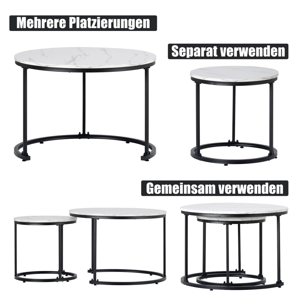 Set 2 Tavolini Rotondi Sovrapponibili Salotto; Piano Effetto Marmo Bianco e Metallo