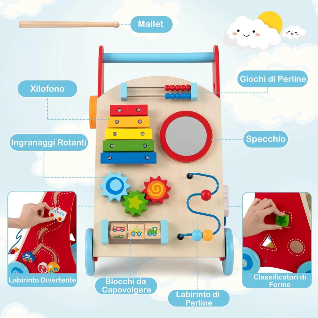 7 in 1 Girello per Bambini in Legno, Carrellino Primi Passi con Manico, Contenitore e Ruote, Giocattolo Montessori da Spingere e Tirare, Gioco Educativo per Bambini 3 + Anni (Modello 1)