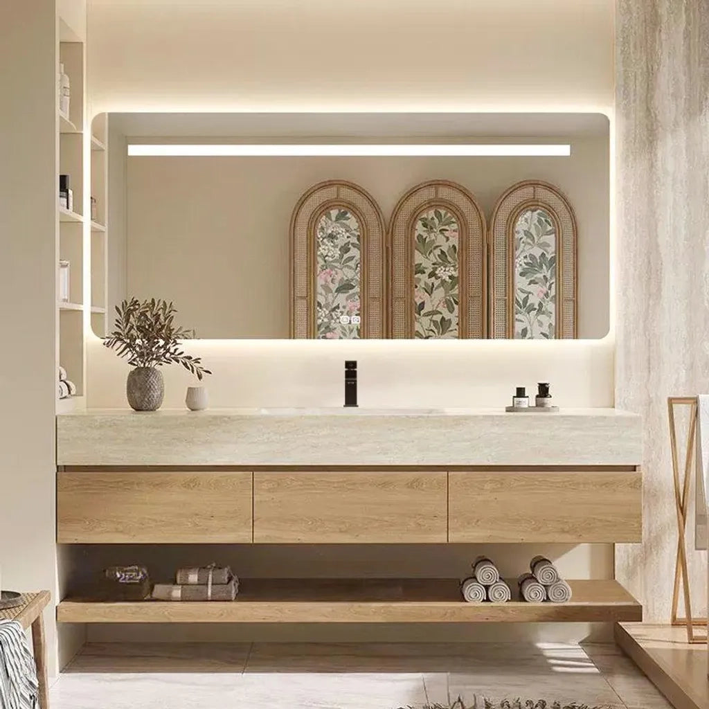 Set mobile bagno sospeso effetto travertino con lavabo in pietra sinterizzata e specchio foro per rubinetto 130×55 cm