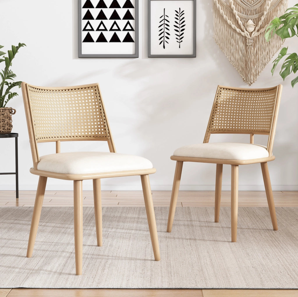 Set di 2 sedie da pranzo con seduta in PU e schienale in rattan; beige