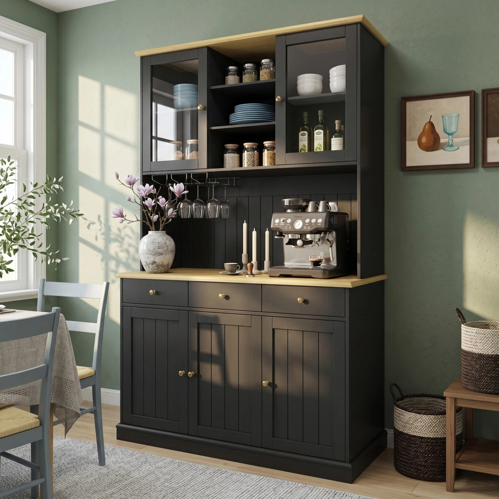 Mobile alto da cucina con vetrine, portabicchieri e prese integrate nero