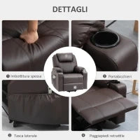 Poltrona Alzapersona Reclinabile fino a 135° con Portabicchieri, Telecomando e Poggiapiedi 88x92x106 cm, Marrone