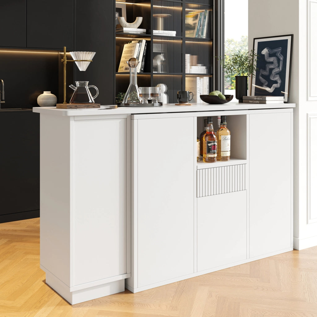 Bancone bar girevole 210x30x100.9 cm con design rotante e piano effetto marmo in MDF bianco