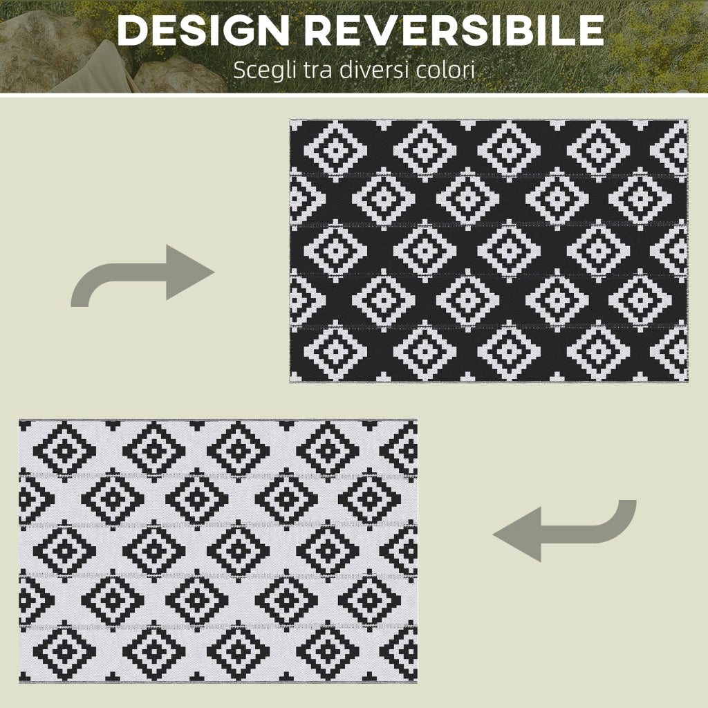 Tappeto Esterno per Balcone e Terrazza Reversibile con Fantasia Geometrica, 2.74x1.82 m, Nero e Bianco