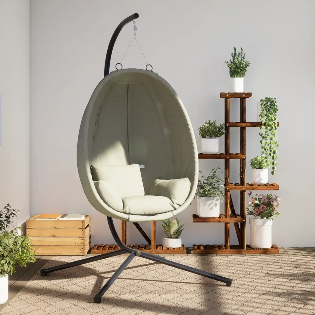 Sedia a Uovo Sospesa con Supporto Beige in Tessuto e Acciaio CFW4420604