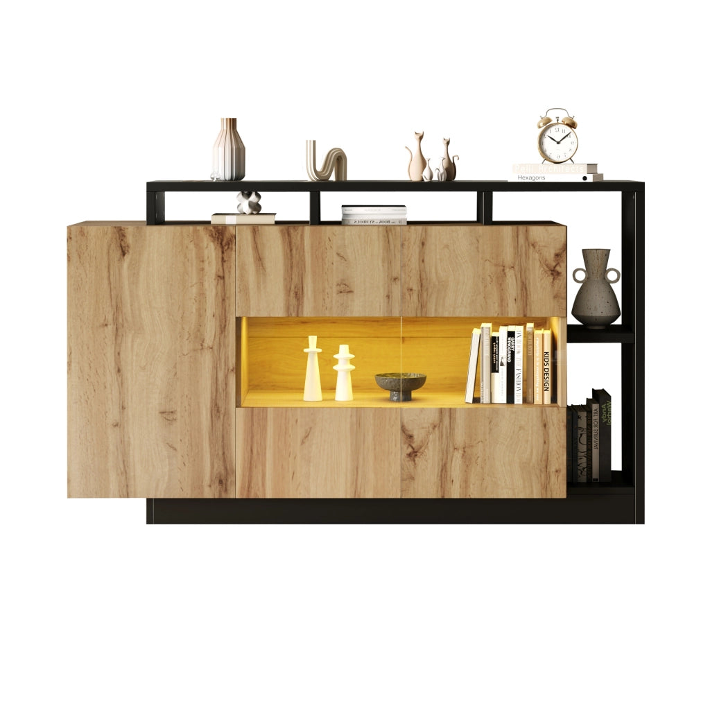 Sideboard LED 140x44x94 cm in MDF effetto legno con ante in acrilico