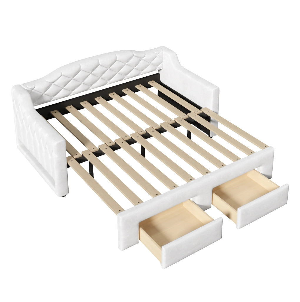Letto imbottito 90x200 cm estensibile con LED e cassetti in MDF e compensato bianco
