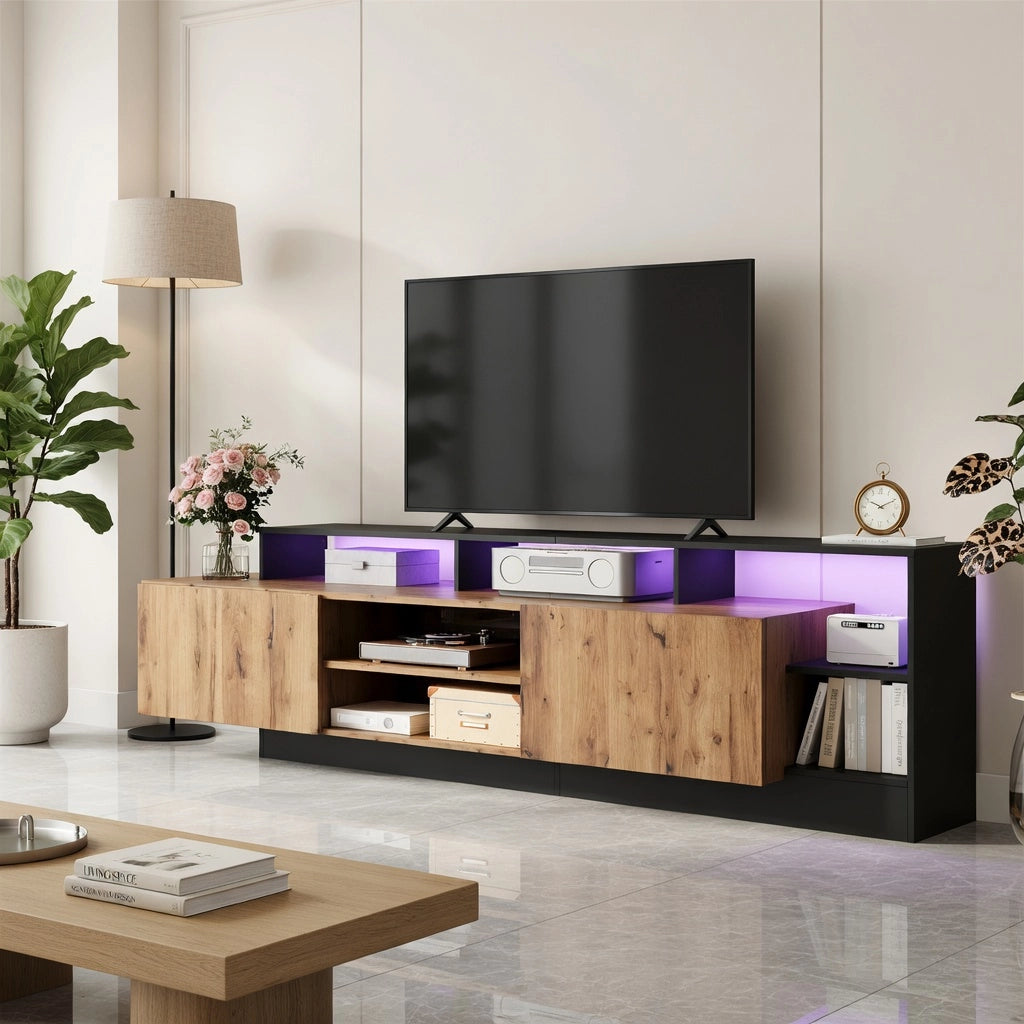 Cassettiera per TV in truciolato; nero e rovere; lunghezza 190 cm