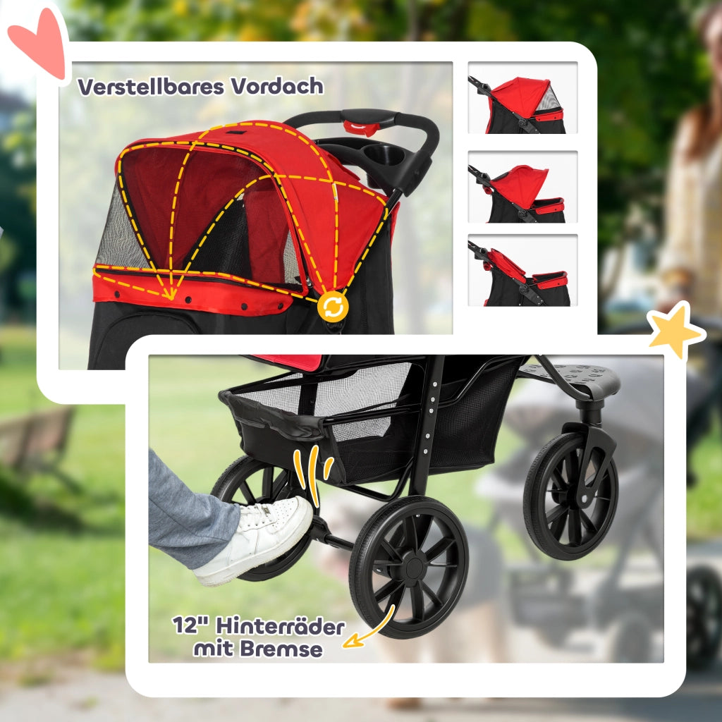 Passeggino per cani pieghevole ¨C Xylo ¨C 3 ruote, fino a 10 kg, rosso, 109,5x57,5x106,5 cm