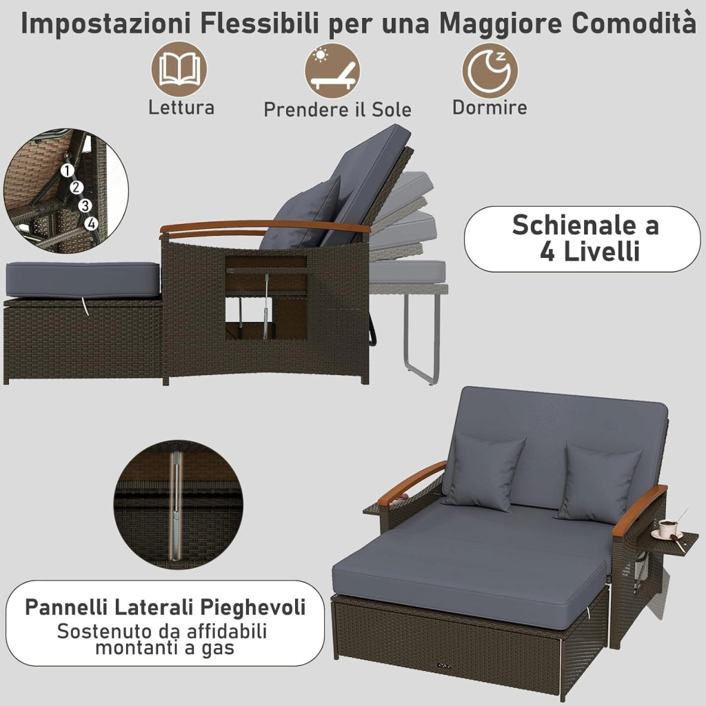 Lettino Regolabile da Giardino con Cuscino e Panca Contenitore, Divano Salvaspazio da Esterno con Schienale Regolabile a 4 Livelli e Vassoi Laterali Estraibili, per Piscina e Cortile (Grigio)