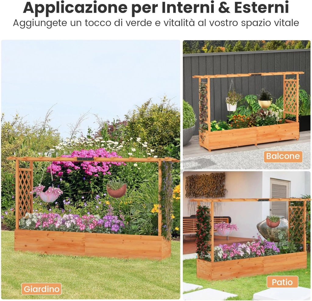 Fioriera Rialzata con Grigliato, Aiuola Rialzata con Traliccio per Piante Rampicanti e Fori di Drenaggio, Orto Elevato da Giardino, Terrazzo e Cortile (Arancione, 200 x 44 x 114 cm)