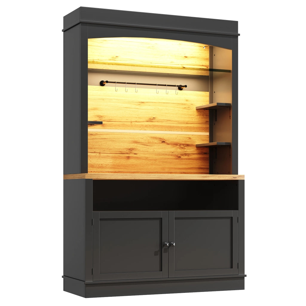 Dispensa alta con LED e vani aperti con due ante per cucina e soggiorno in MDF e metallo nero 107 × 43 × 184 cm