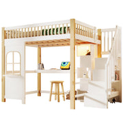 Letto a Soppalco 140 x 200 cm Matrimoniale con LED; Scrivania e Scala Contenitore; senza Materasso; Bianco Naturale