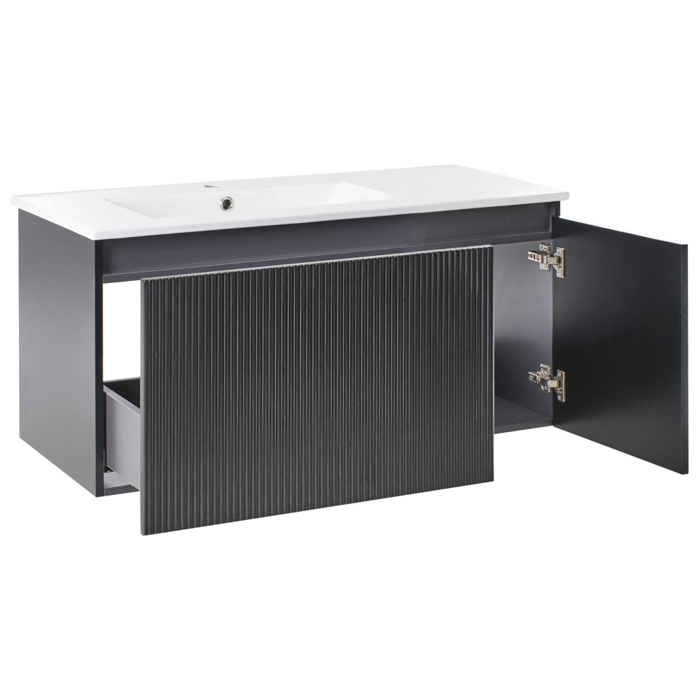 Mobiletto da parete con lavabo in legno massiccio per il bagno con contenitore 100 cm Nero design moderno