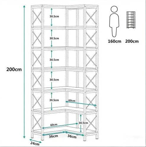 Scaffale angolare industriale a 7 ripiani con 14 vani bianco