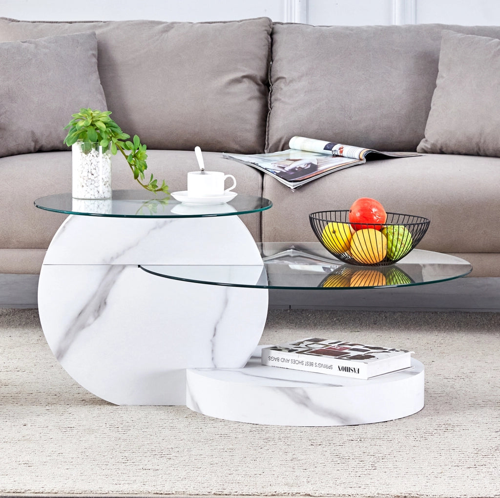 Tavolino da caffè a livelli in MDF e vetro di sicurezza; effetto marmo bianco; ? 50/70 cm