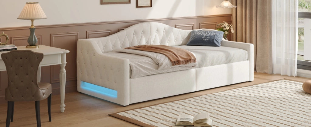DESMIU Divano letto 90 × 200 cm con LED, vano contenitore, senza materasso, in MDF e compensato, beige