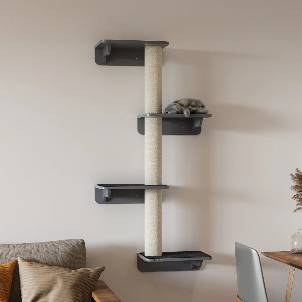 Tiragraffi da Parete per Gatti Altezza 137cm con 4 Piattaforme e 3 Tronchetti in MDF e Iuta Albero per Arrampicata e Gioco