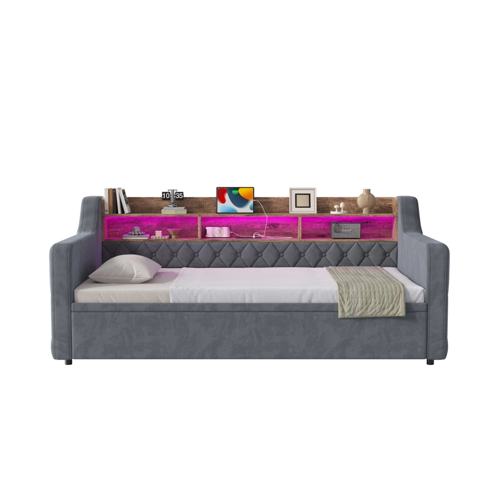 Divano letto 90x190 cm estraibile con testiera portaoggetti; LED e USB in velluto grigio scuro
