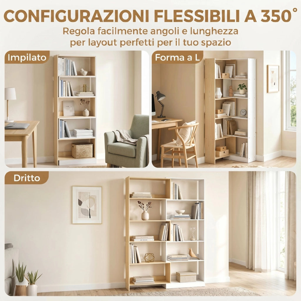 Libreria Angolare 67x67x163,7 cm a 5 Ripiani dal Design Modulabile e Salvaspazio in Legno Multicolore