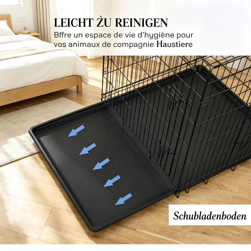 Gabbia per cani pieghevole con due porte bloccabili e vassoio estraibile in plastica e acciaio nero 121 × 77 × 82 cm