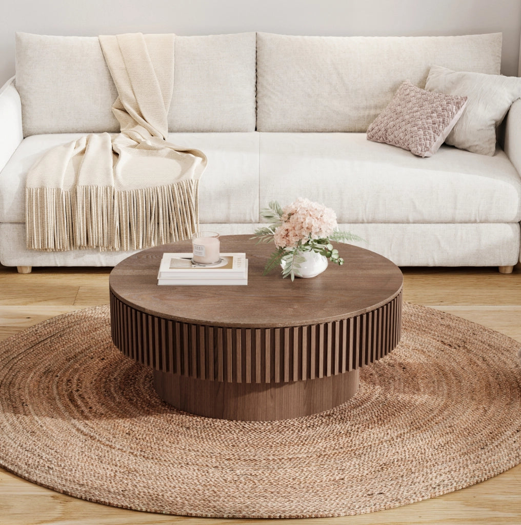Tavolino da caffè rotondo con contenitore; design a fungo scanalato in legno e MDF; noce