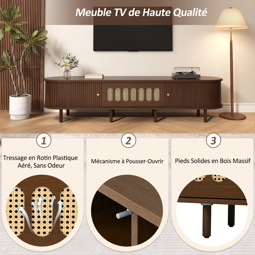 Mobile porta TV con 1 anta a ribalta in rattan e 2 ante a serranda, 5 vani chiusi, per soggiorno, in MDF, noce, 180 × 40 × 40 cm
