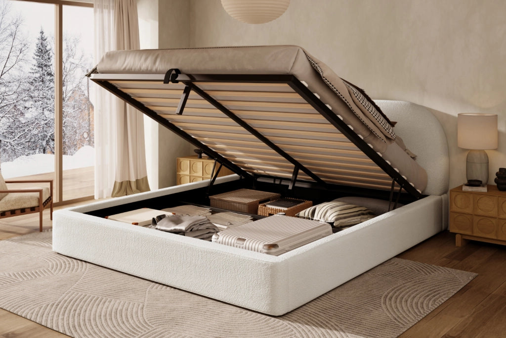 DESMIU Letto contenitore 2 posti con vano idraulico, senza materasso, in bouclé, beige