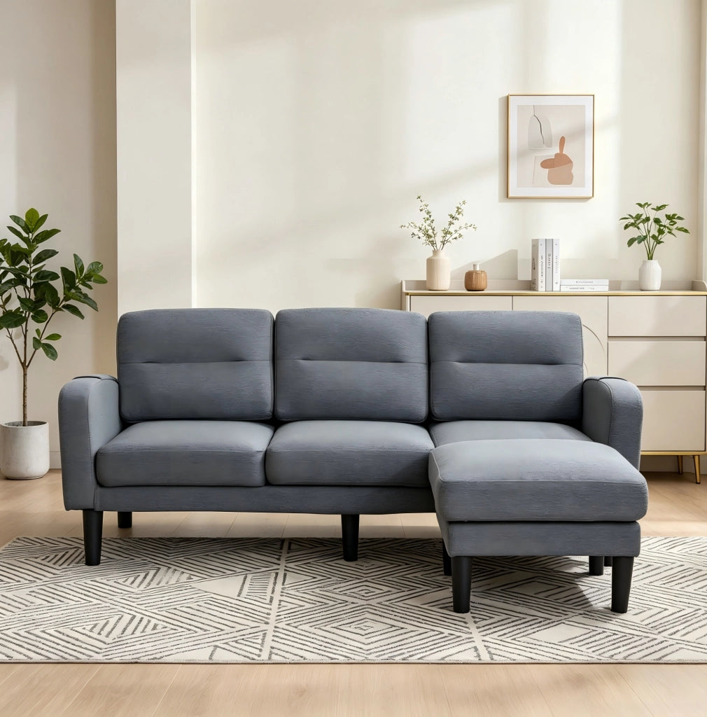 Divano angolare a L 3 posti con chaise longue; tasche laterali; 204x136x80 cm; grigio