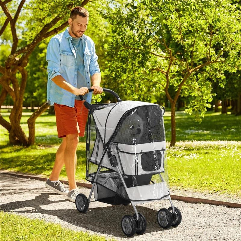 PASSEGGINO PER CANI PICCOLI PIEGHEVOLE CON COPERTURA ANTIPIOGGIA, RUOTE GIREVOLI E CON FRENI, GRIGIO
