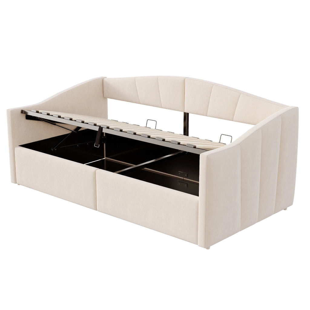 Letto contenitore singolo 90×200 cm con sollevamento idraulico e rete a doghe; senza materasso; velluto; beige
