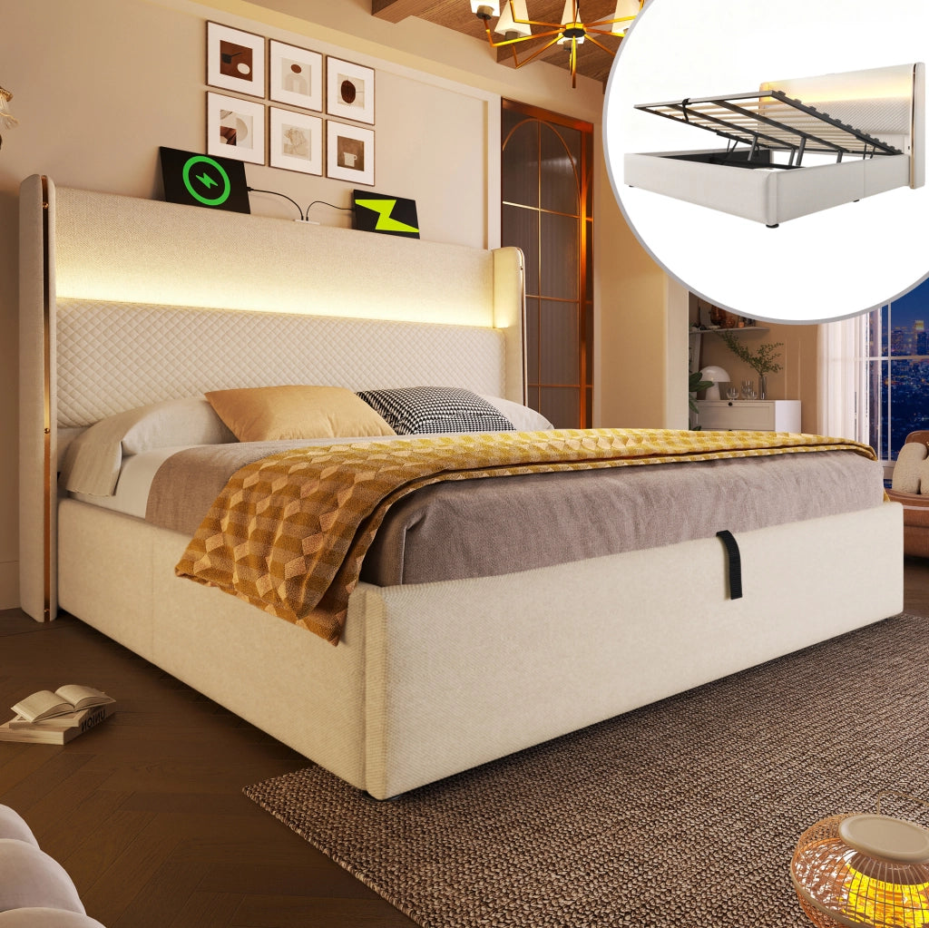 Letto matrimoniale idraulico con testiera alta, LED, USB/Type-C e contenitore