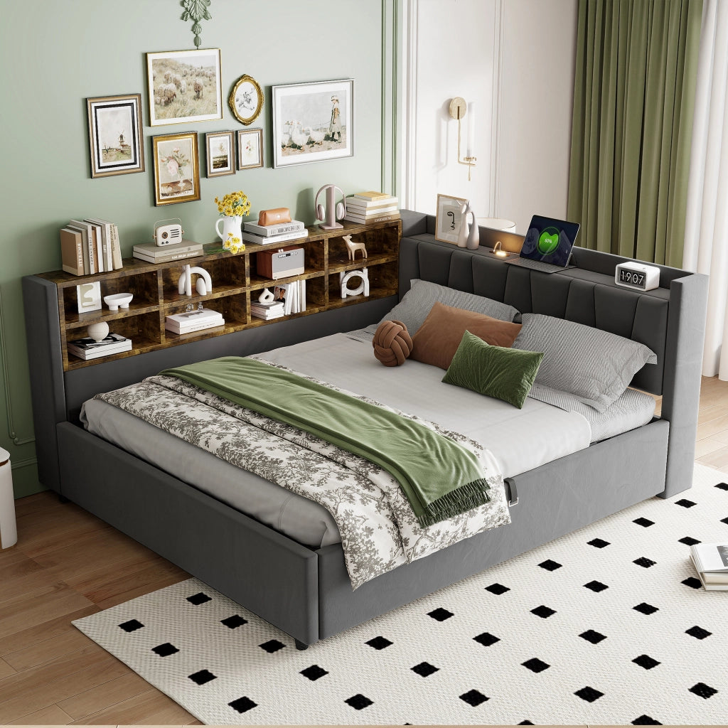 DESMIU Letto contenitore 140 × 200 cm 2 posti con luce LED, USB e Type-C, ripiani e vano idraulico, senza materasso, grigio