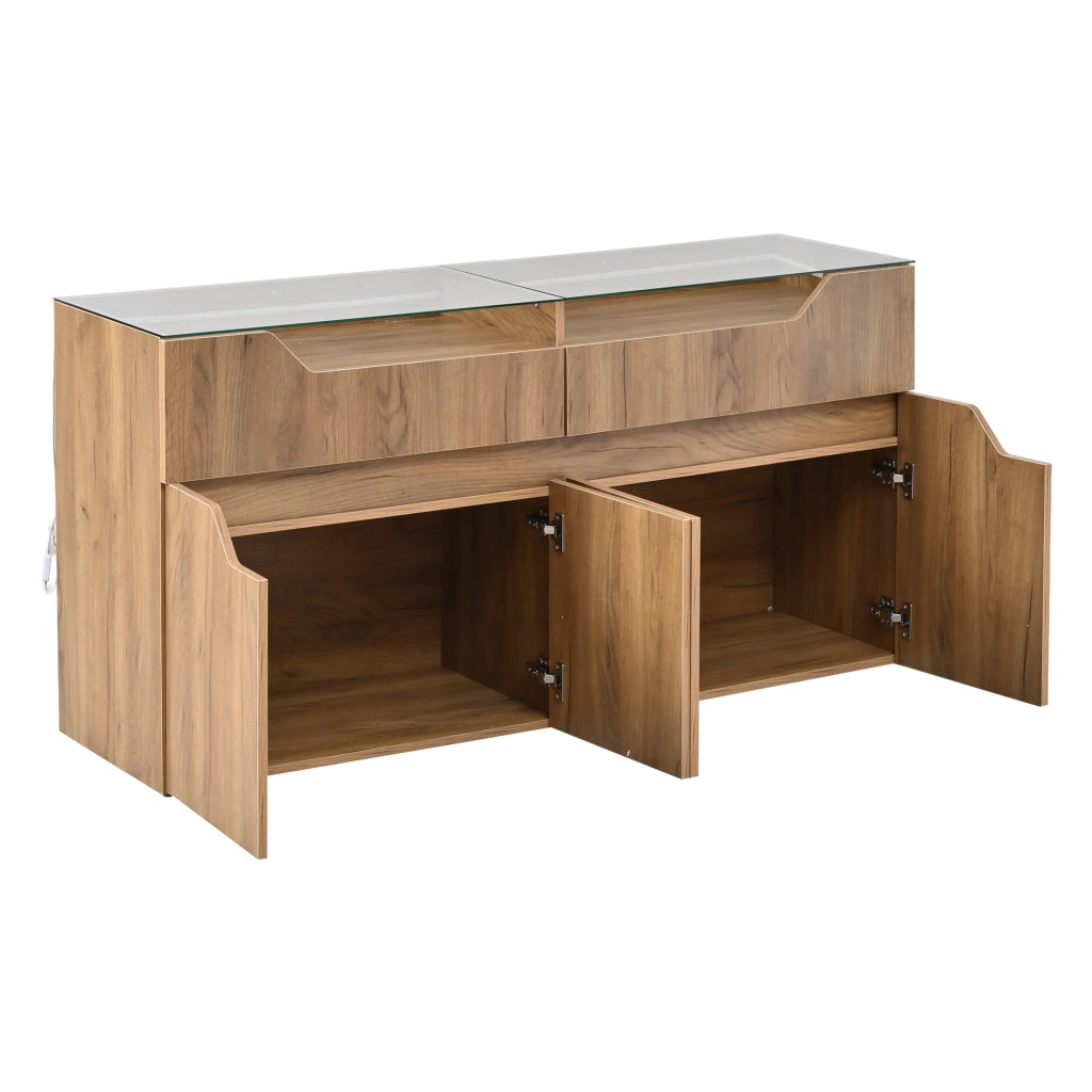 Credenza sideboard 140x40x70 cm in MDF con piano in vetro temperato, 2 cassetti, colore naturale