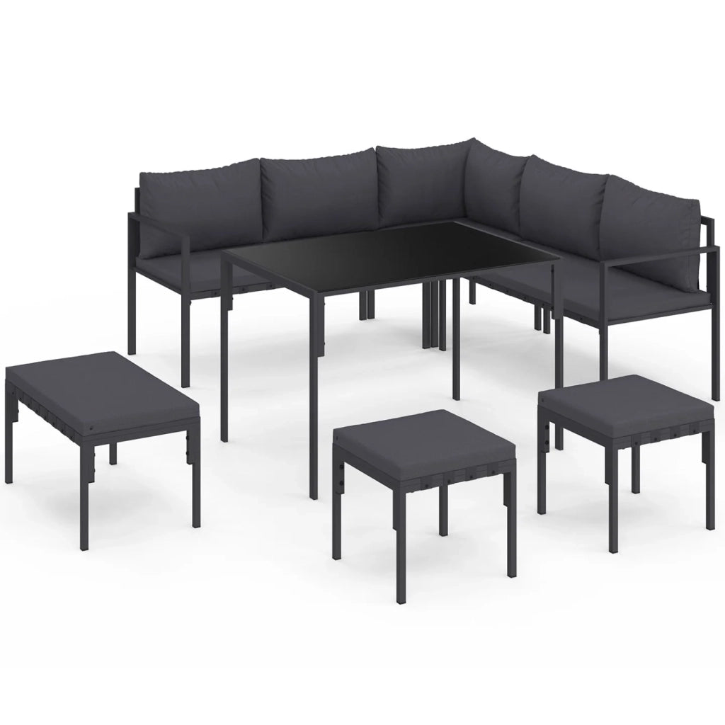 IDMarket - Set da giardino per pranzi NAYLA da 8 posti, angolare, in metallo con cuscini grigi, composto da tavolo da pranzo, divano angola