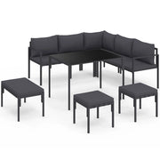 IDMarket - Set da giardino per pranzi NAYLA da 8 posti, angolare, in metallo con cuscini grigi, composto da tavolo da pranzo, divano angola
