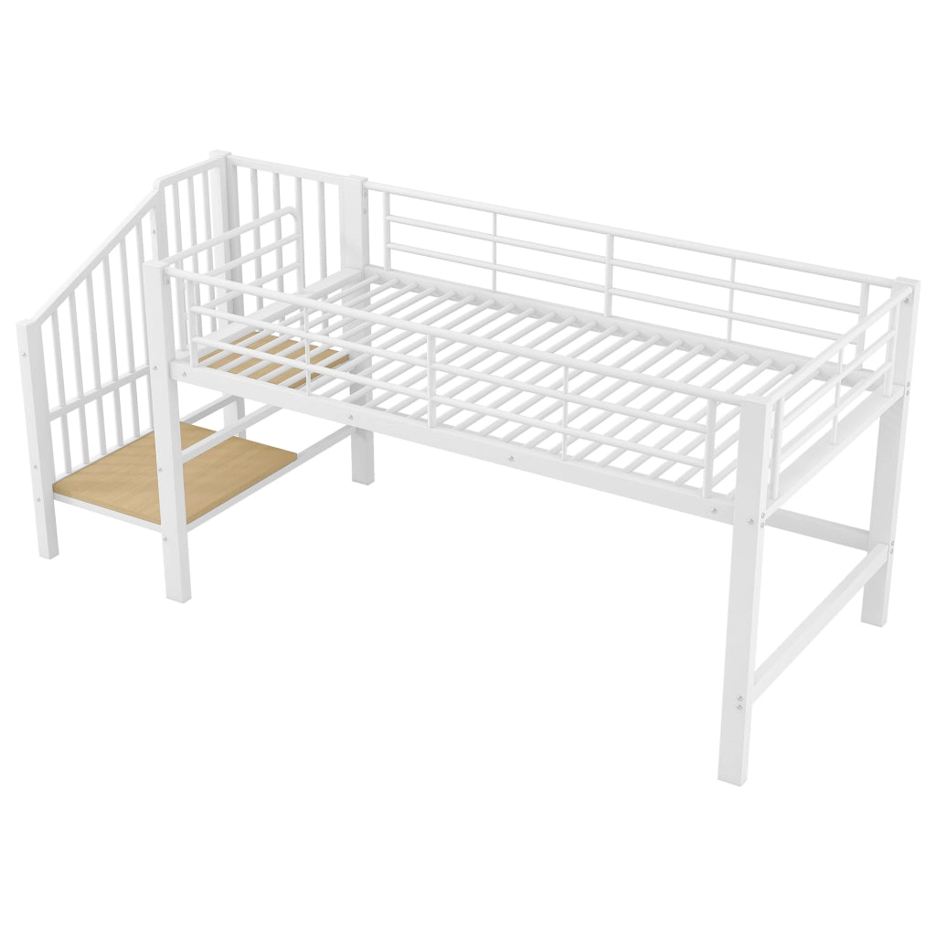 Letto a soppalco singolo 90 × 200 cm con scala contenitore integrata, senza materasso, metallo, bianco