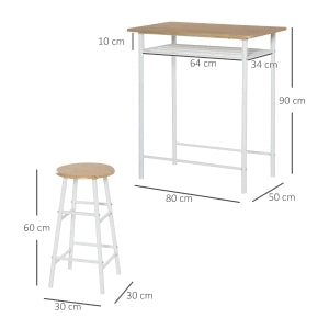 Set bartavolo 3 pezzi con 2 sgabelli, design industriale, MDF bianco, 80 x 50 x 90 cm