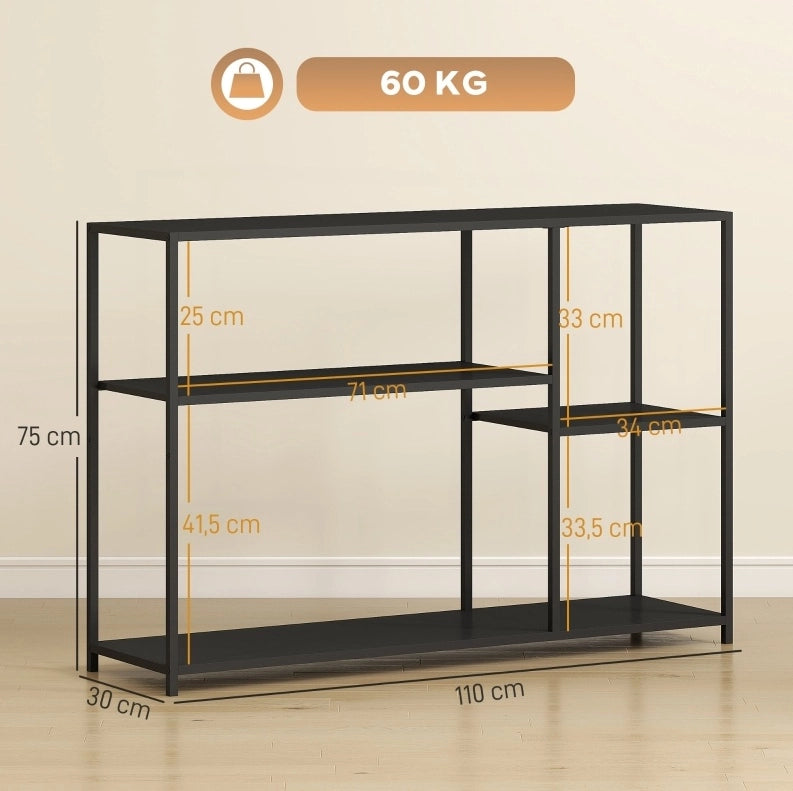 Tavolo consolle in acciaio nero con ripiani; 110 x 30 x 75 cm