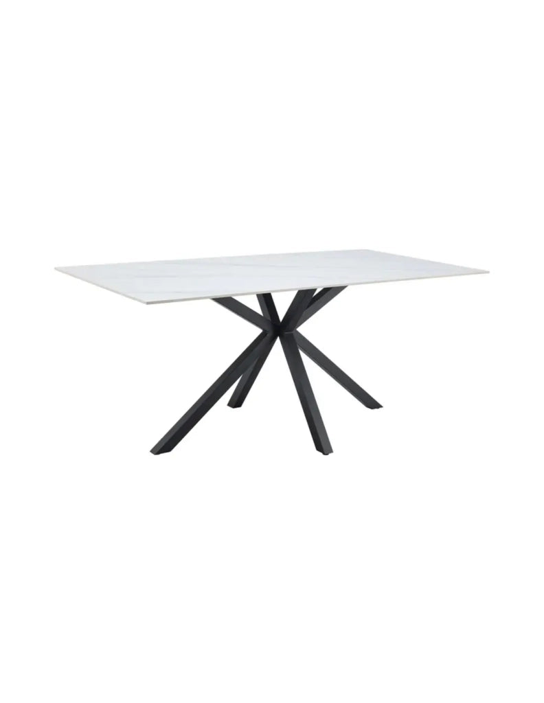 Table SOLARA 180 cm in ceramica effetto marmo bianco con piede a stella nero – 8 posti