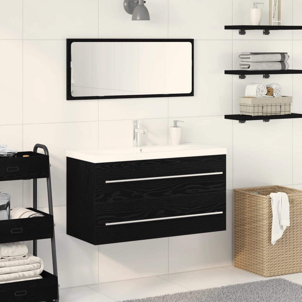Mobiletto da bagno con lavandino integrato Rovere Nero Legno ingegnerizzato