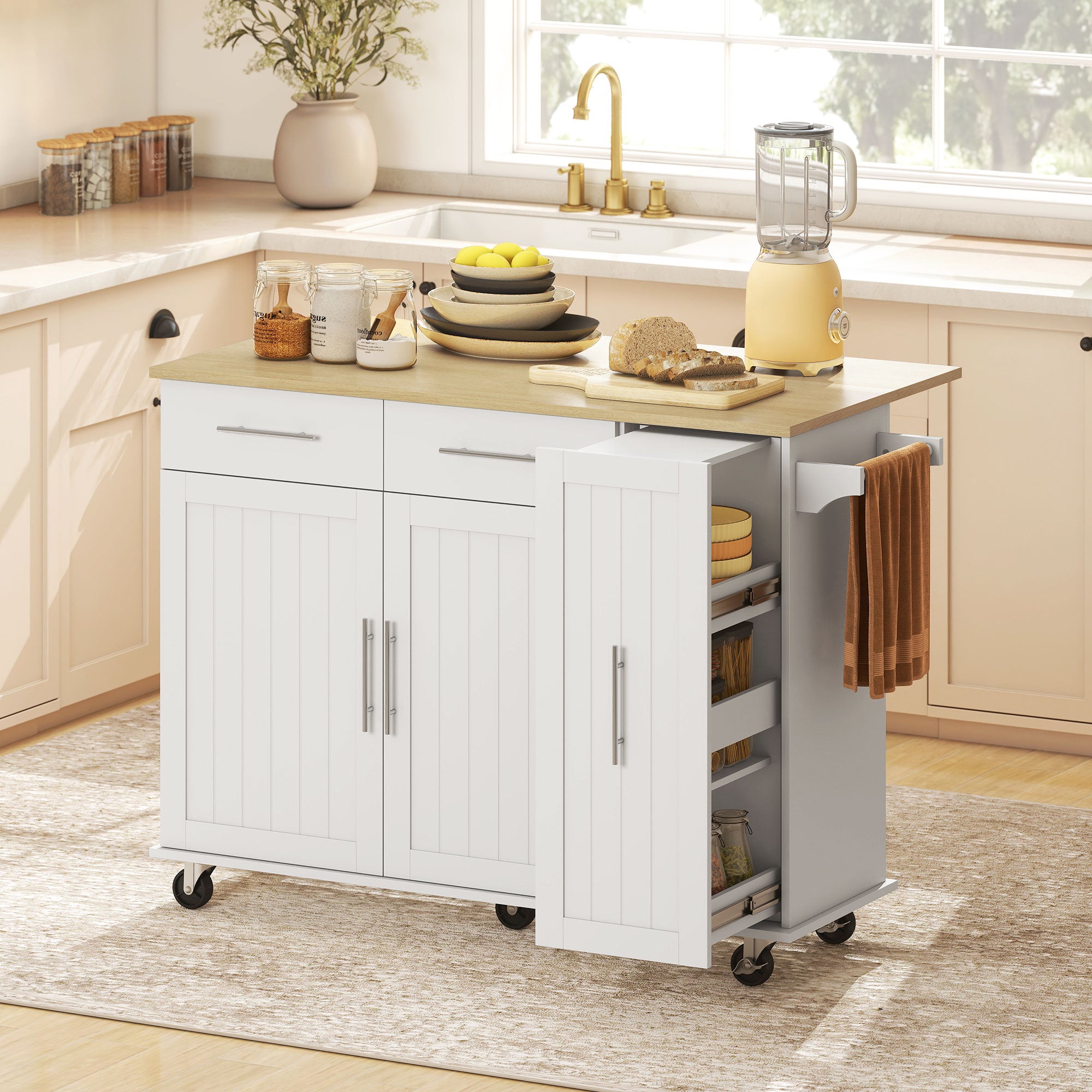 Isola per Cucina 129x65x91 cm a 5 Ruote con Portasciugamani 2 Cassetti 4 Ripiani e Armadietto in Legno Bianco