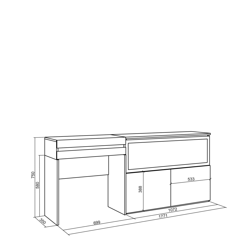 Tavolo da toeletta, 177x35x75cm, Con cassetto, Camino elettrico XXL, grigio cemento RF3464