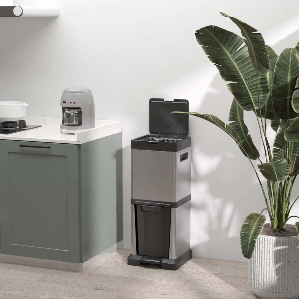 Cestino per rifiuti 20+14L con pedale e coperchio ¨C Minimal ¨C Acciaio inox 32,5x31,5x78cm Argento