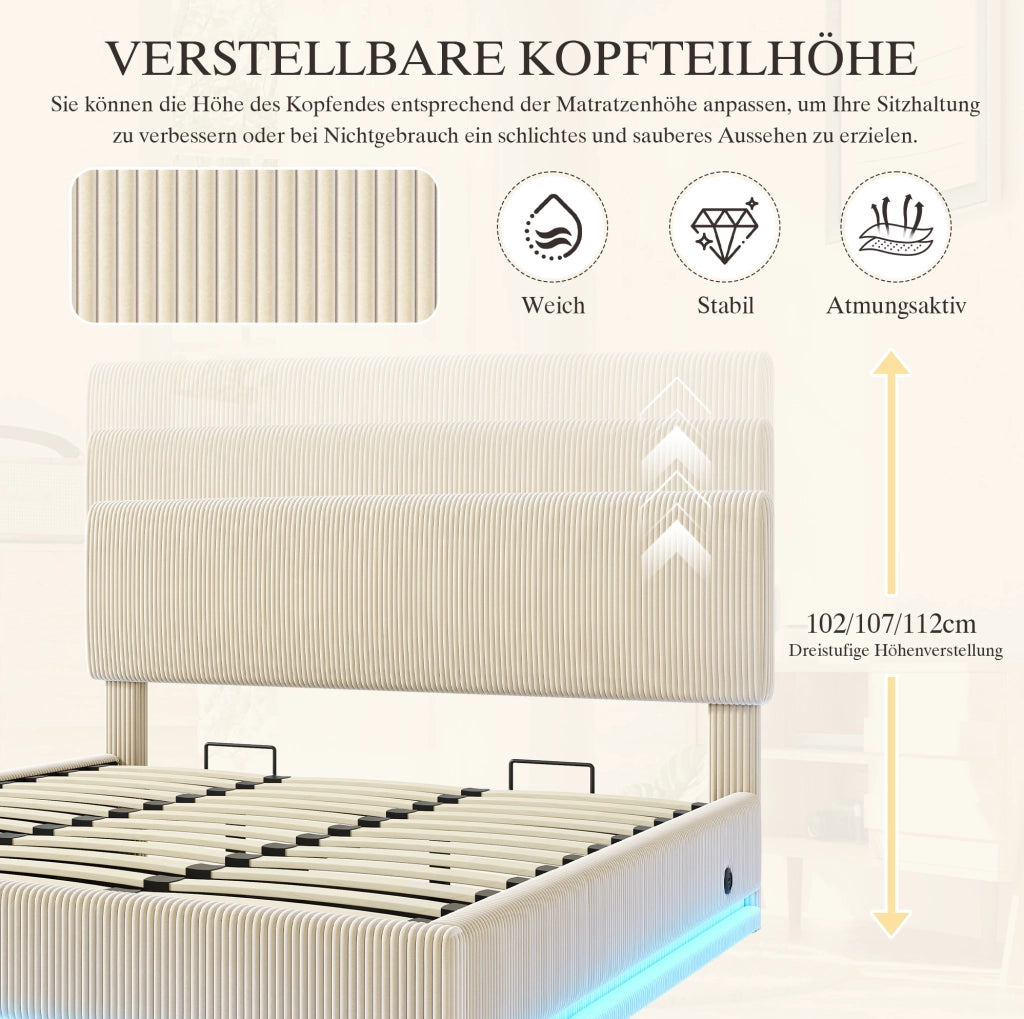 Letto matrimoniale imbottito 180x200 cm in tessuto corduroy beige; testiera regolabile con LED e USB-C